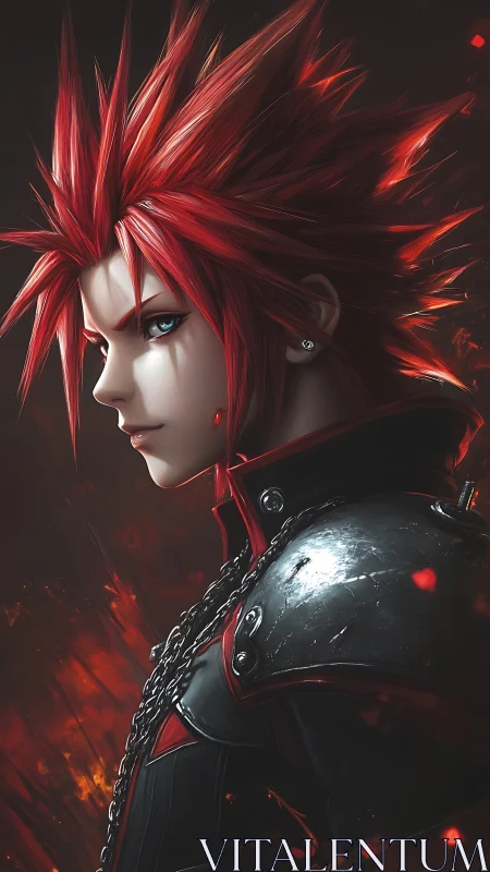 Red haired anime warrior stares ahead in burning gloom
