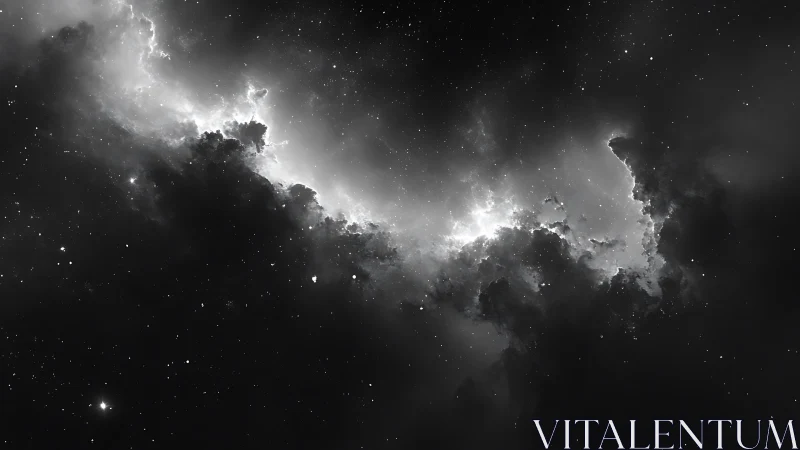 Monochrome nebula cloudscape slices luminous starfield.