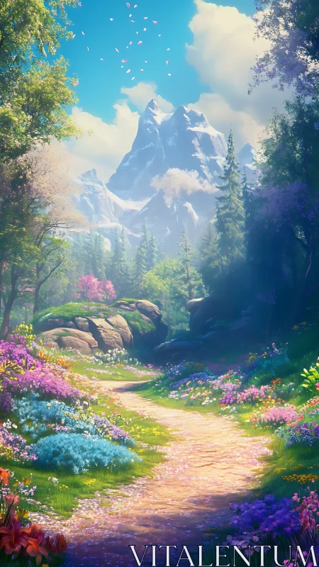 Enchanted blossom trail winding toward crystal mountain peaks.