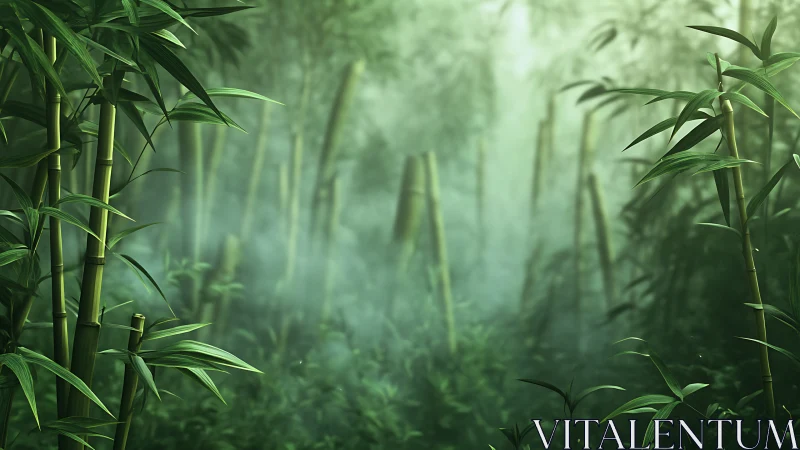 Misty emerald bamboo forest rendered in soft digital light.