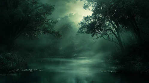Misty forest river under diffuse green twilight light.