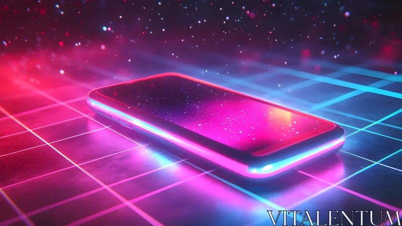 Futuristic smartphone on neon grid with glowing effects and cosmic style.