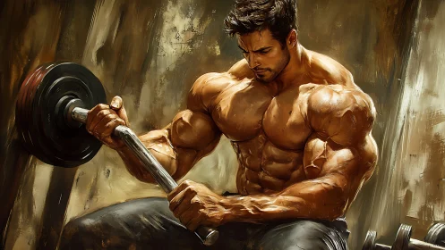 Muscular bodybuilder curls heavy dumbbell in golden light.