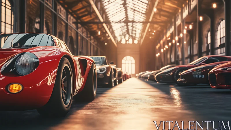 Vintage red race car anchors dramatic sunlit warehouse lineup