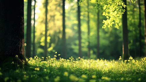 Sunlit forest with wildflowers in dreamy, atmospheric style.