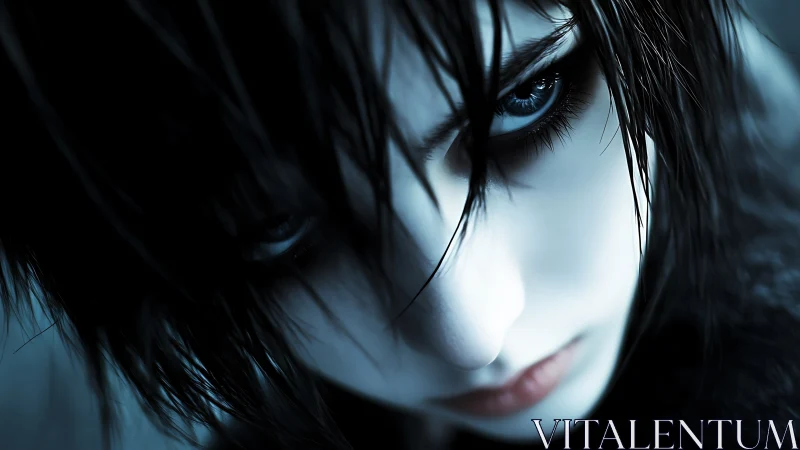 High-contrast anime portrait isolates an intense, tilted gaze