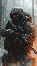 Armored soldier in snowy forest with rifle and embers.