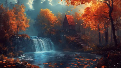 Autumn waterfall refuge wrapped in misty woodland enchantment.