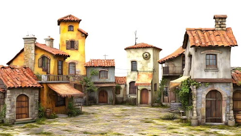 Mediterranean village courtyard with rustic stone houses.