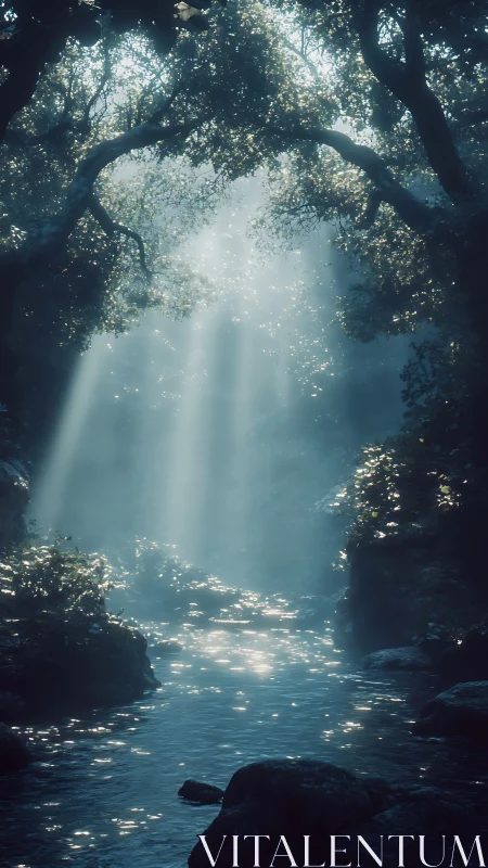 Sunlight penetrates dense forest canopy onto narrow stream
