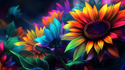 Neon Sunflowers: Digital Spectrum Blooms.