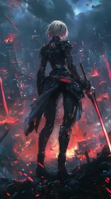 Cybernetic swordswoman over burning neon megacity ruins.