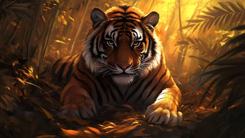 Digital painting of stalking tiger in backlit jungle chiaroscuro.