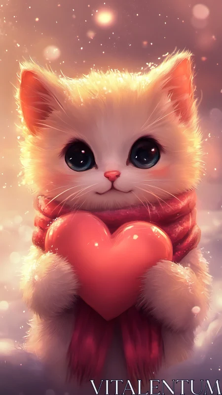 Luminous White Kitten Holding Red Heart.