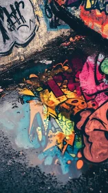 Urban graffiti reflection creates layered chromatic abstraction