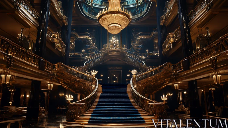 Golden grand staircase in a glowing dreamlike palace interior.