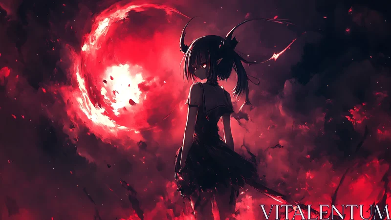 Mysterious horned girl beneath a blazing crimson moon.