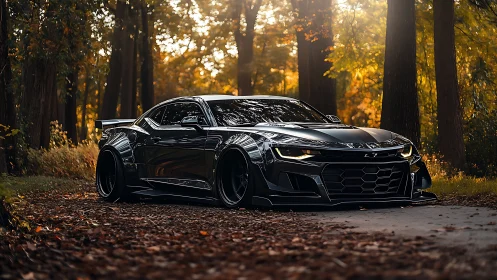 Widebody black muscle car on forest road in autumn light