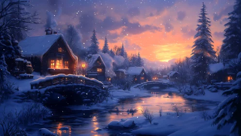 Snowy riverside village under warm sunset glow.