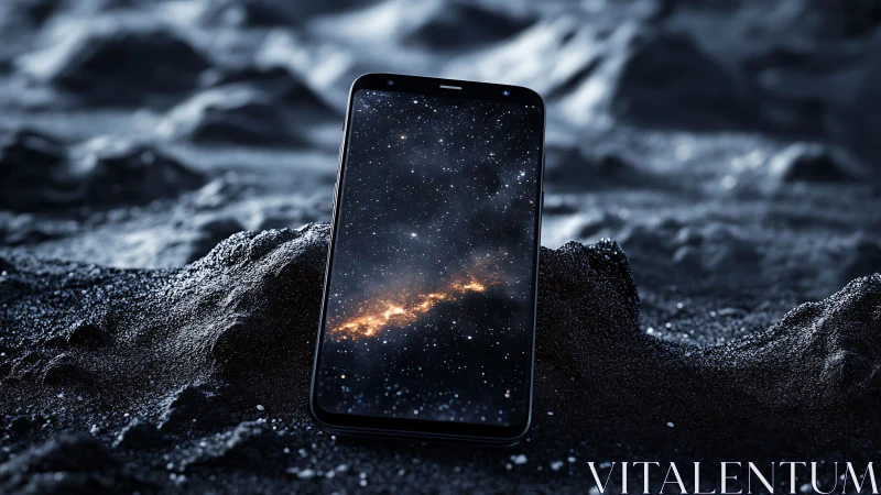 Smartphone displays cosmic galaxy over lunar sand terrain.