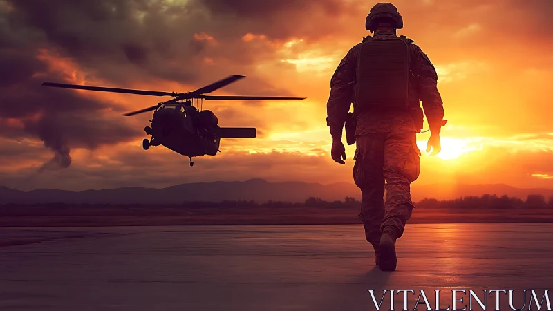 Soldier walking toward helicopter on runway at sunset.
