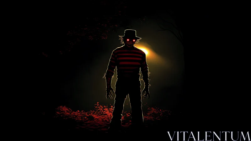 Backlit horror figure with glowing red eyes in high contrast silhouette