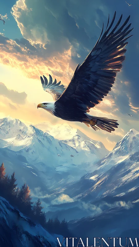 Bald eagle soaring over dramatic snowy mountain peaks.