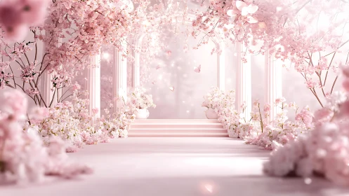 Blush-pink blossom archway framing an ethereal dream aisle.