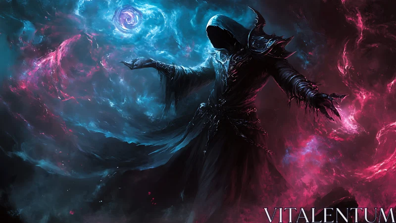 Arcane warlock commands swirling cyan and crimson nebulae.