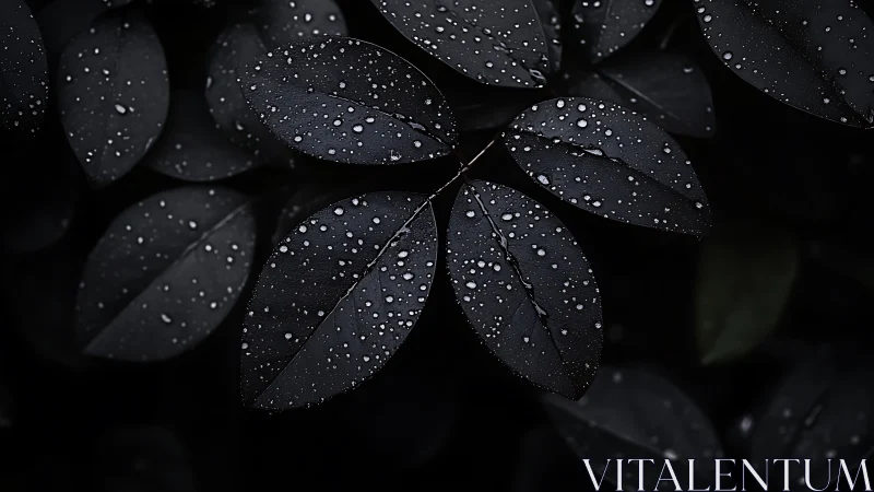 Dark leaves hold silver raindrops under soft moody light
