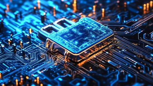 Glowing microchip at the heart of a vivid digital circuit.