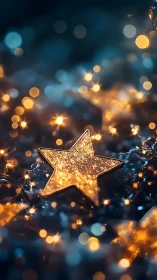 Glowing golden star rests softly among dreamy festive lights