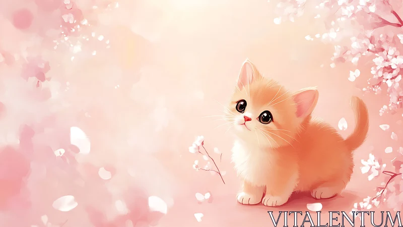 Orange and white kitten in floral setting with pink background.