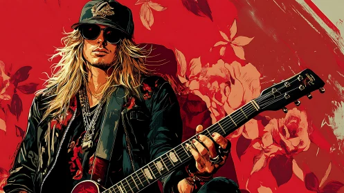 Rock guitarist in leather jacket poses against bold florals.