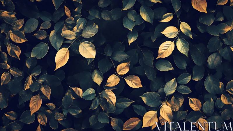 Golden leaves drift across deep teal shadowed foliage