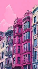 Cotton-candy skyline over neon pink bay-windowed facades.