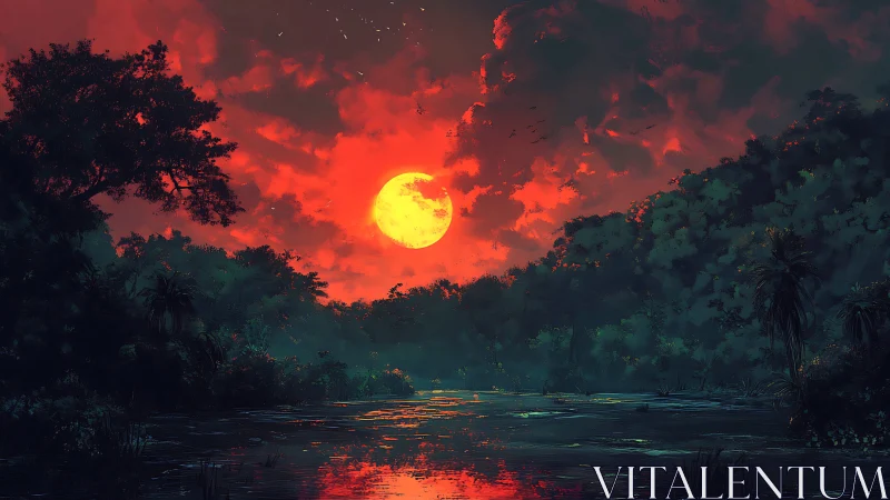 Scarlet jungle moon ignites a misty river at twilight.
