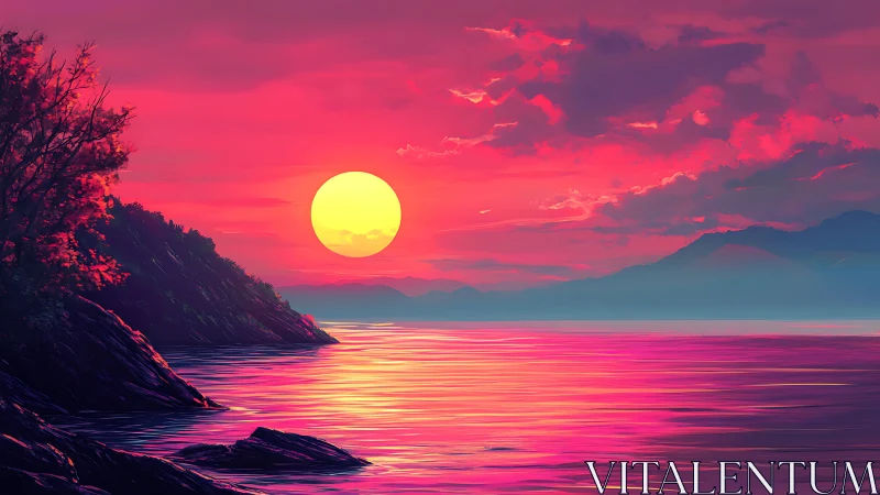 Vivid pink ocean sunset against dark rocky coastline.