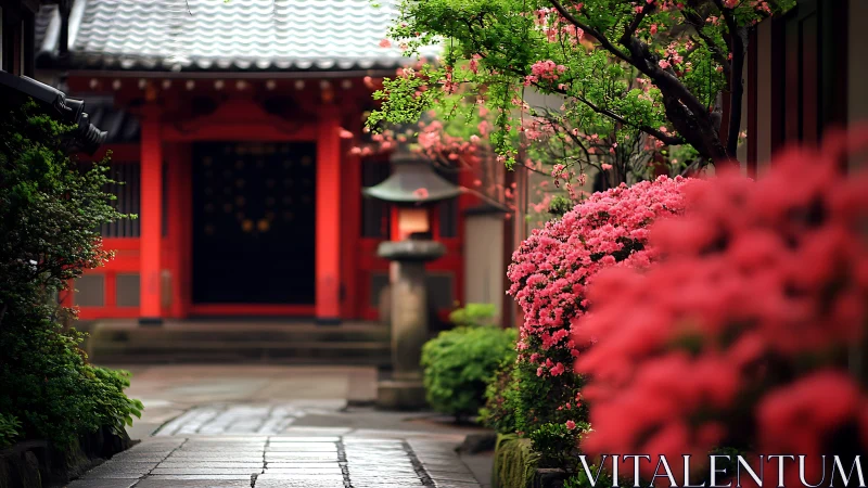 Tranquil temple walkway framed by blooming pink flowers.