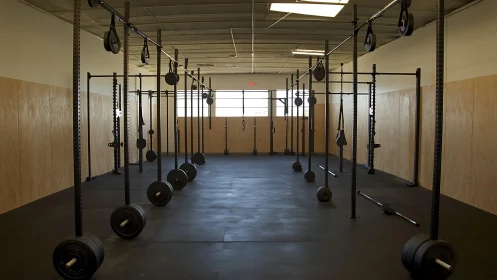 Industrial-style CrossFit gym with racks and barbells poised.