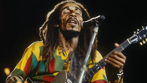 Male vocalist with guitar performing on stage under lighting.