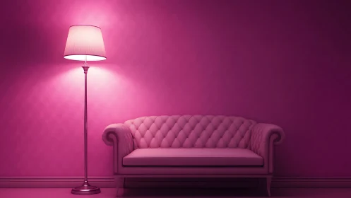 Cozy pink sofa and lamp glowing in a softly lit room.