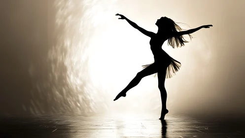 Silhouette of graceful dancer posed against glowing backdrop.