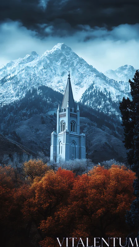 Spired mountain chapel pierces stormy sky and ember forest.
