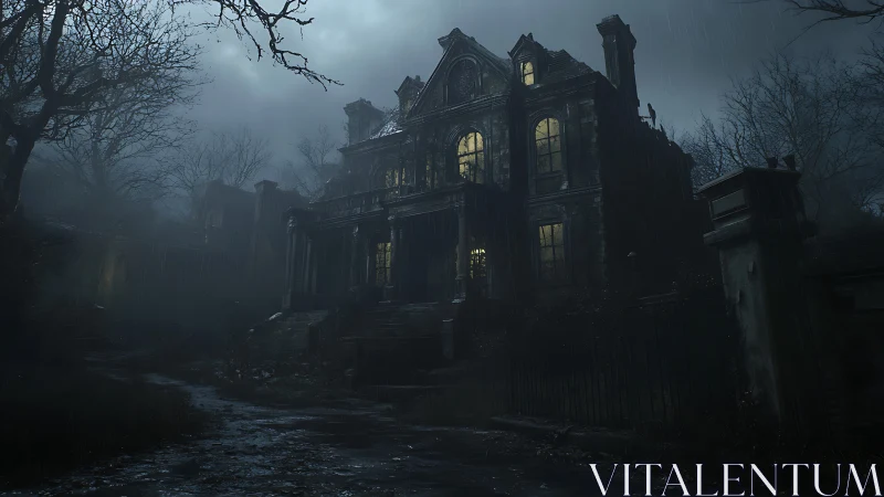 Rain-soaked haunted mansion looms in a misty midnight storm