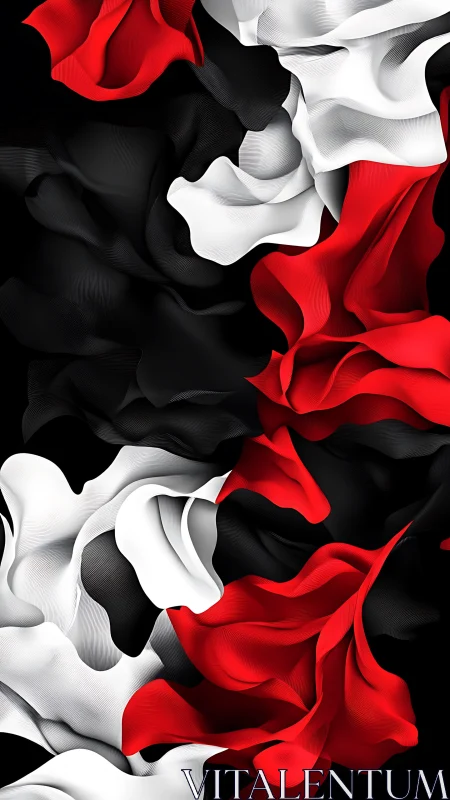 Digital painting of red, white, black folded wave structures.