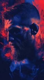 Neon duotone warrior portrait in red and blue smoke.
