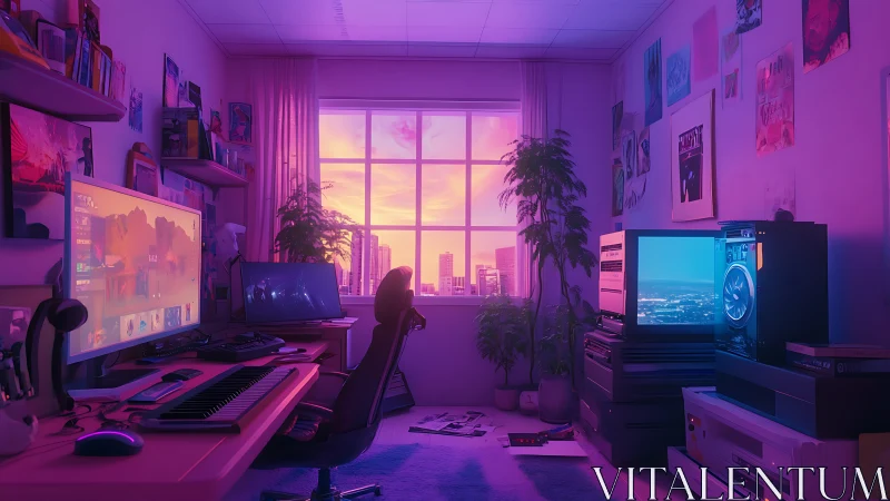 Neon lit digital studio bedroom with city sunset window view.
