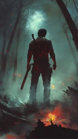 Lone ember hunter stalks through the smoke-choked forest night
