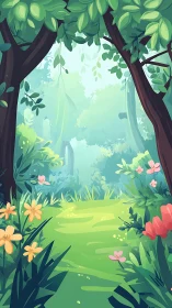 Luminous Forest Path: Layered Digital Landscape with Photochromatic Foliage.